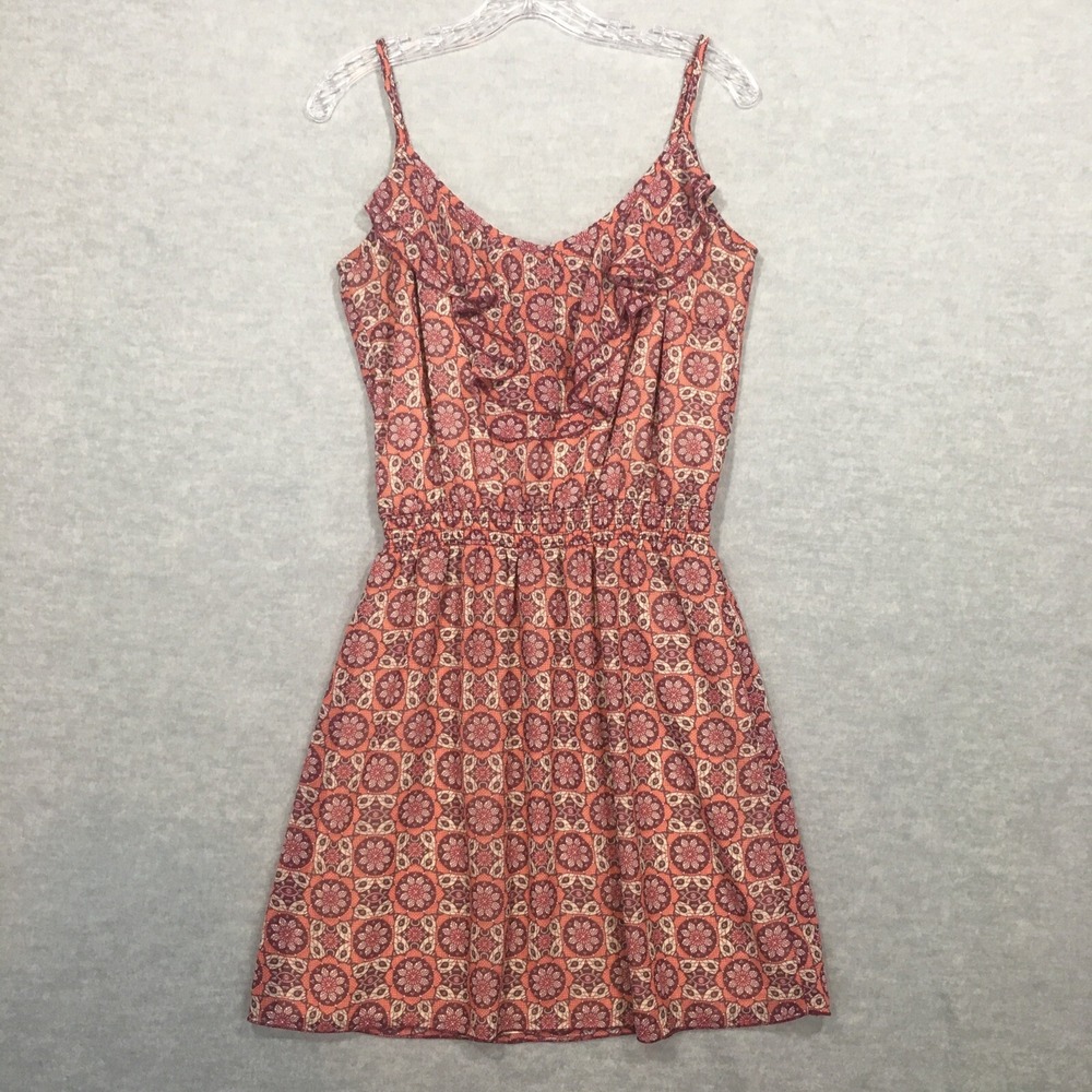 American Rag M Short Strappy Red Sundress Aztec Print Pleated Waist Lined Ruffle